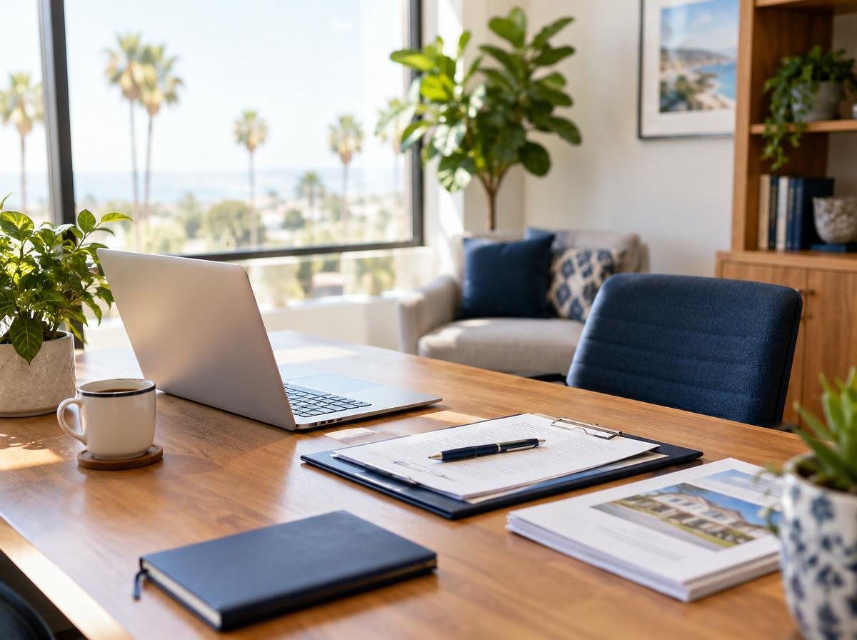 Bright mortgage consultation desk with a laptop and loan documents in a Southern California office