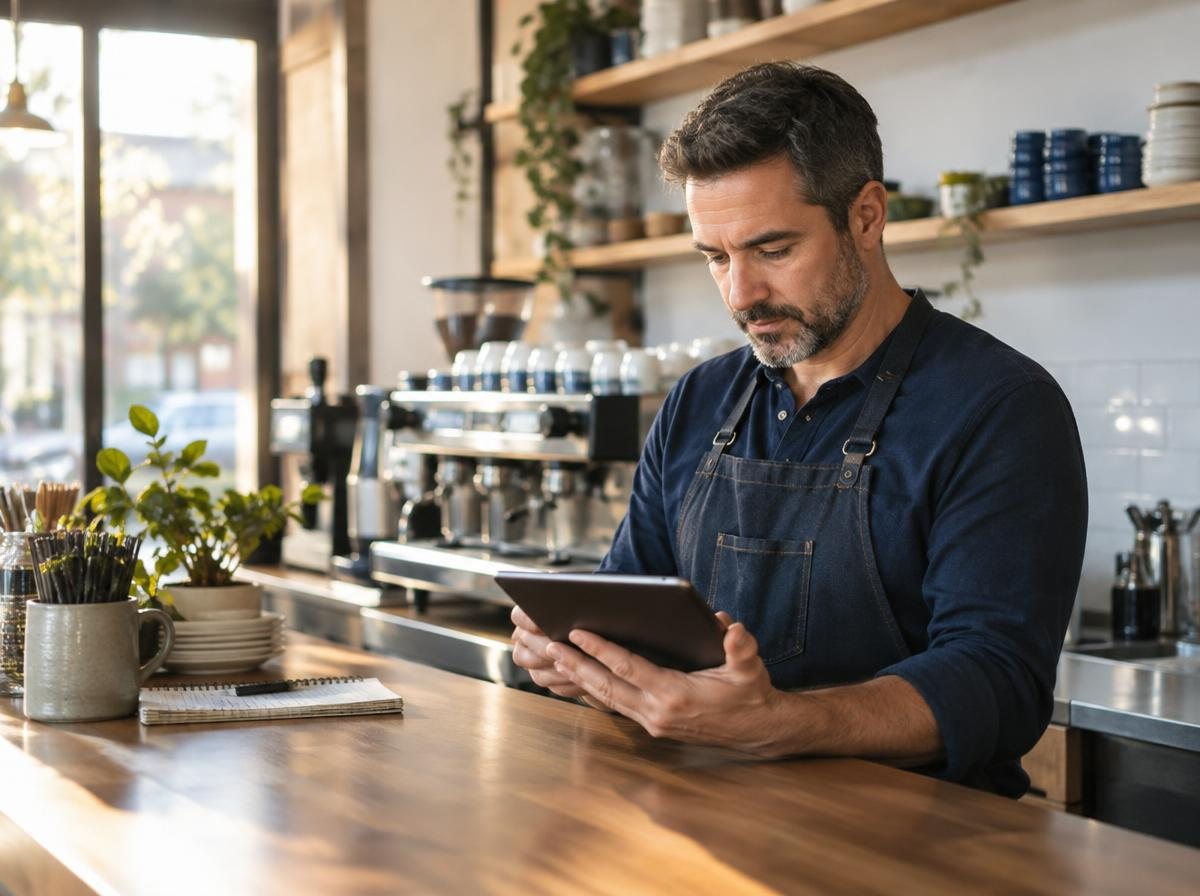 Spectrum Funding Group – Self-employed business owner Coffee shop owner reviewing his business finances on a tablet