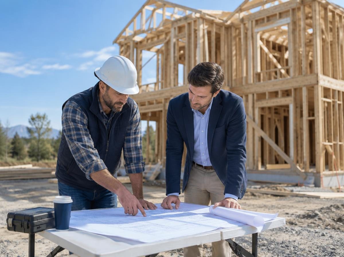 Builder and investor reviewing blueprints at a new home under construction