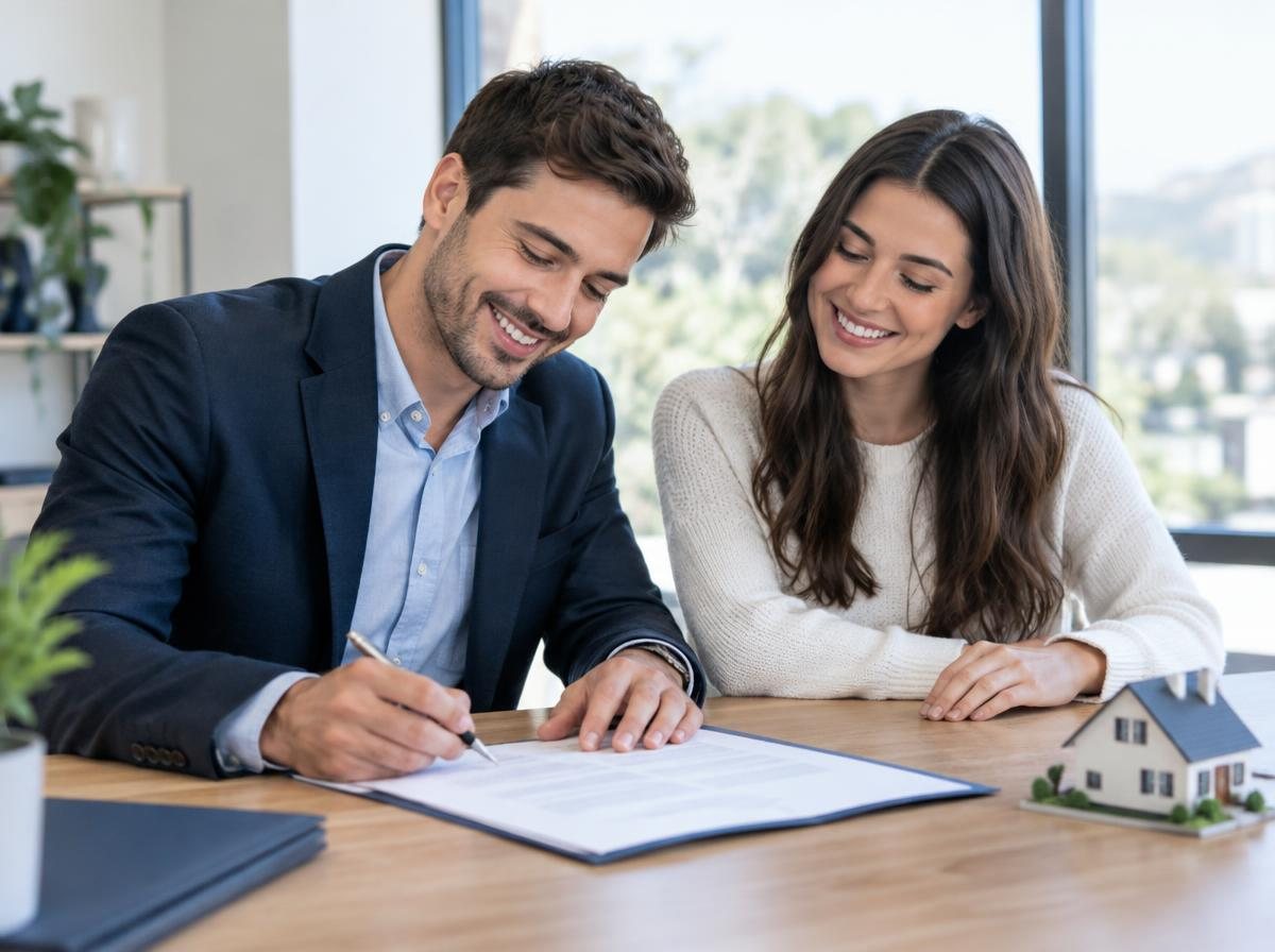 Young couple smiling while signing their home loan documents