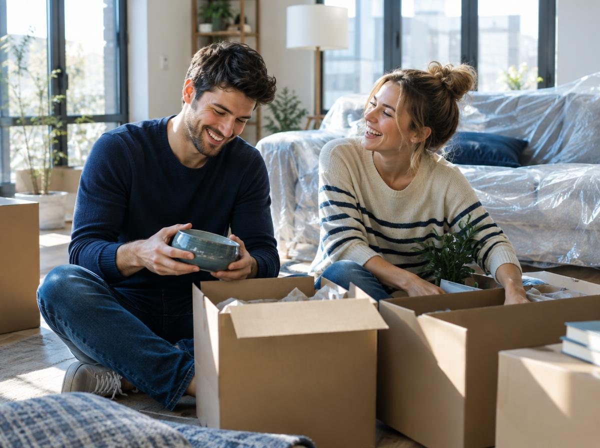 Spectrum Funding Group – First home Young couple unpacking boxes in the living room of their first home