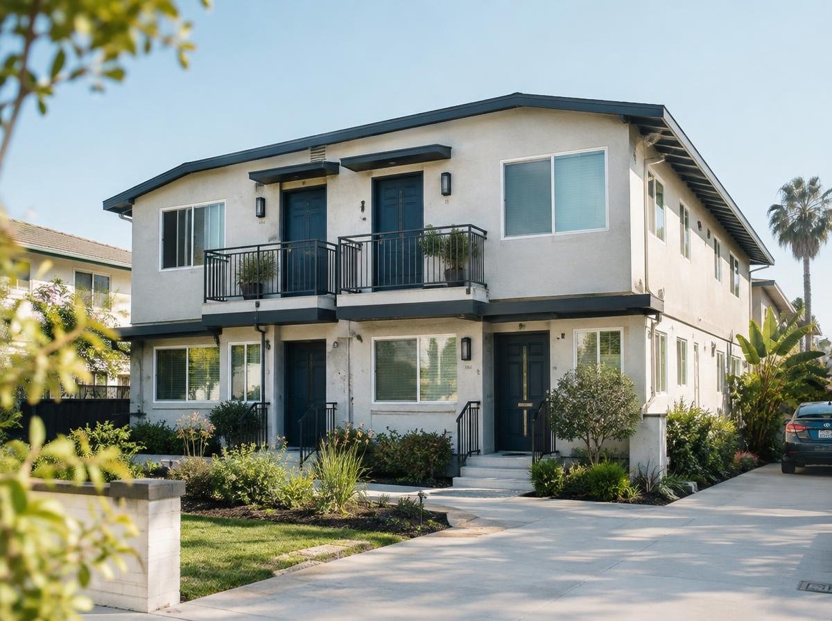 Well-maintained modern fourplex rental property in a Southern California neighborhood