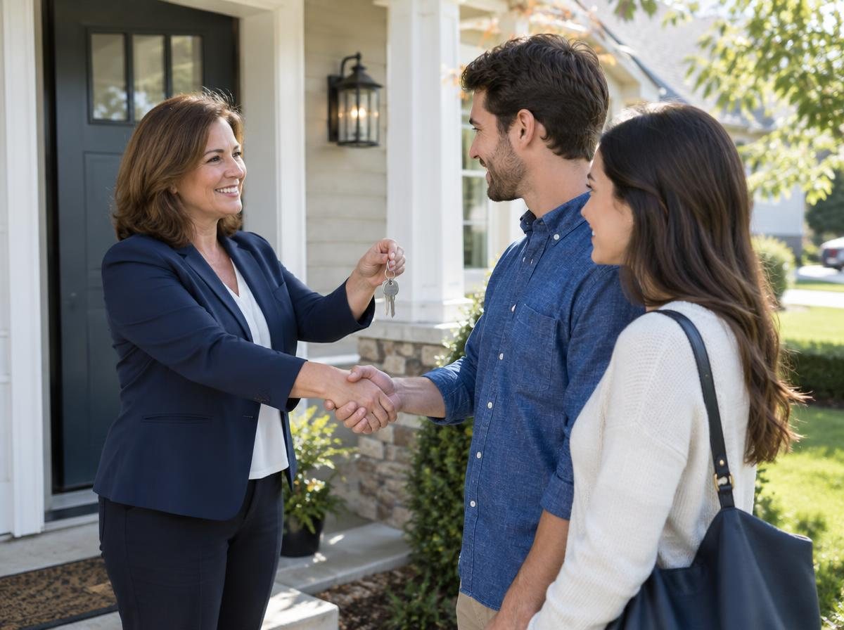 Landlord handing house keys to new tenants at the door of a single-family rental home