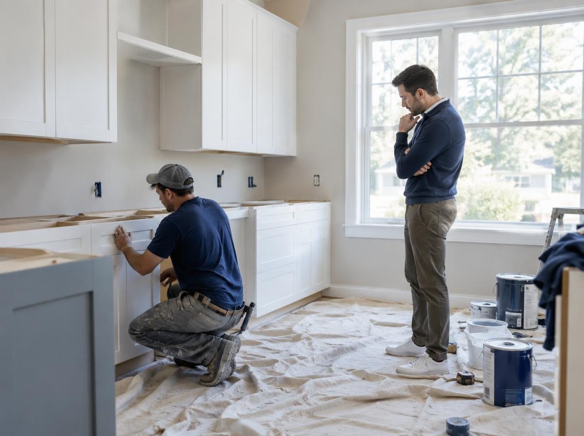 Investor inspecting a kitchen renovation while a contractor installs new cabinets