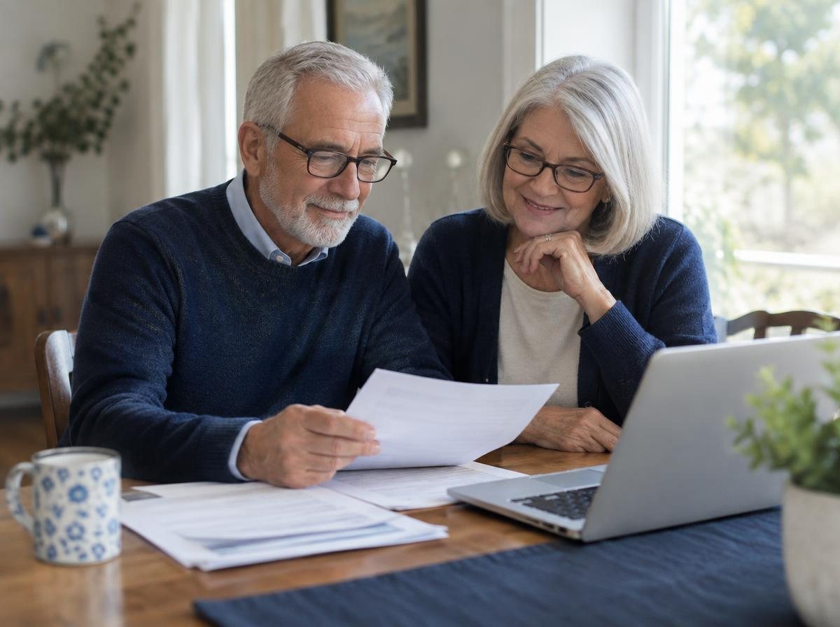 Senior couple reviewing reverse mortgage paperwork together at their dining table