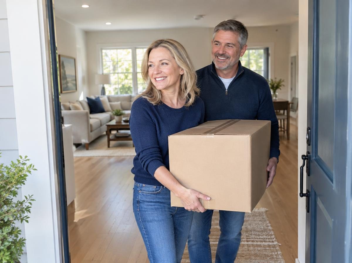 Couple in their late fifties carrying a moving box into their new single-story home
