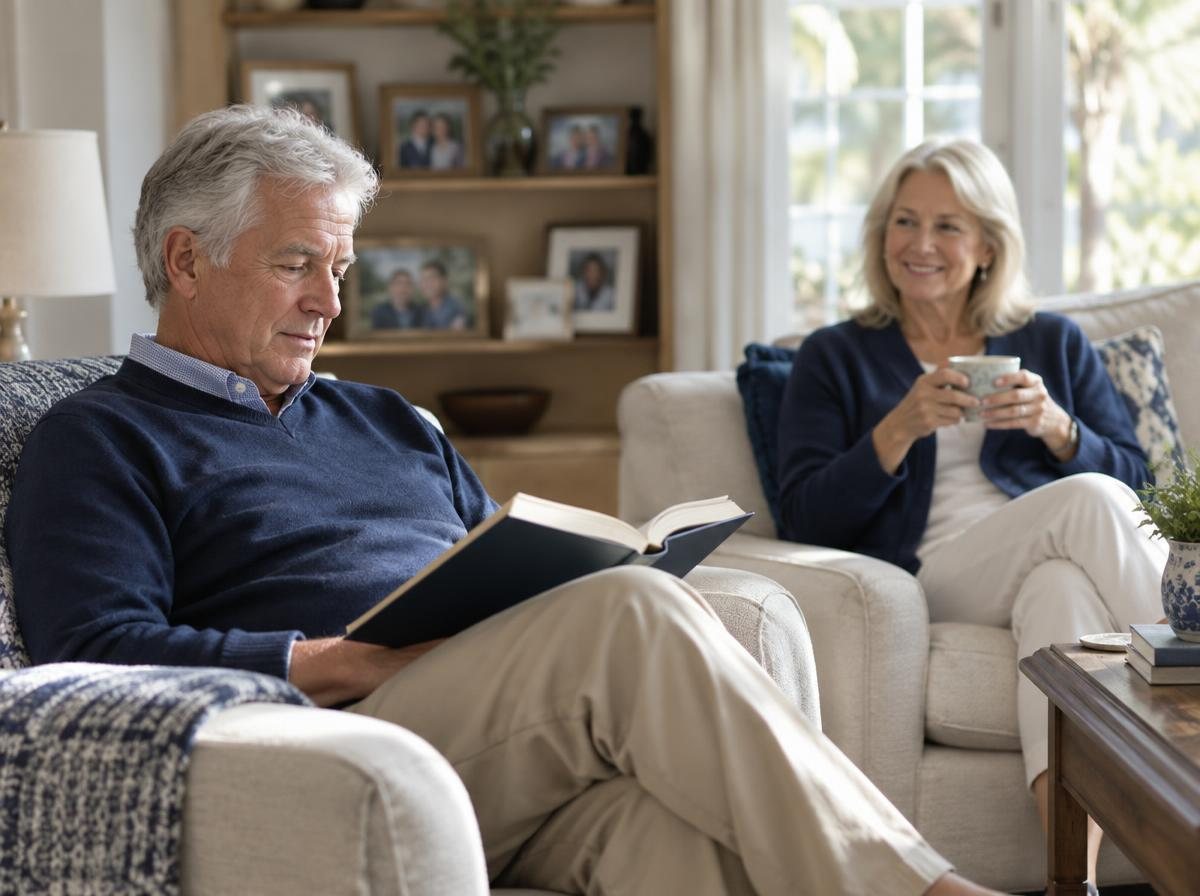 Spectrum Funding Group – Retired couple at home Retired couple relaxing in the sunlit living room of their long-time family home
