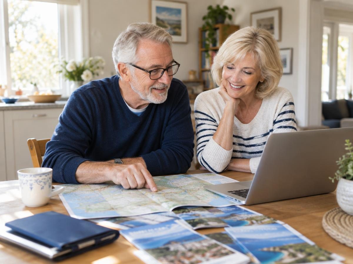 Retired couple planning a trip together at their kitchen table