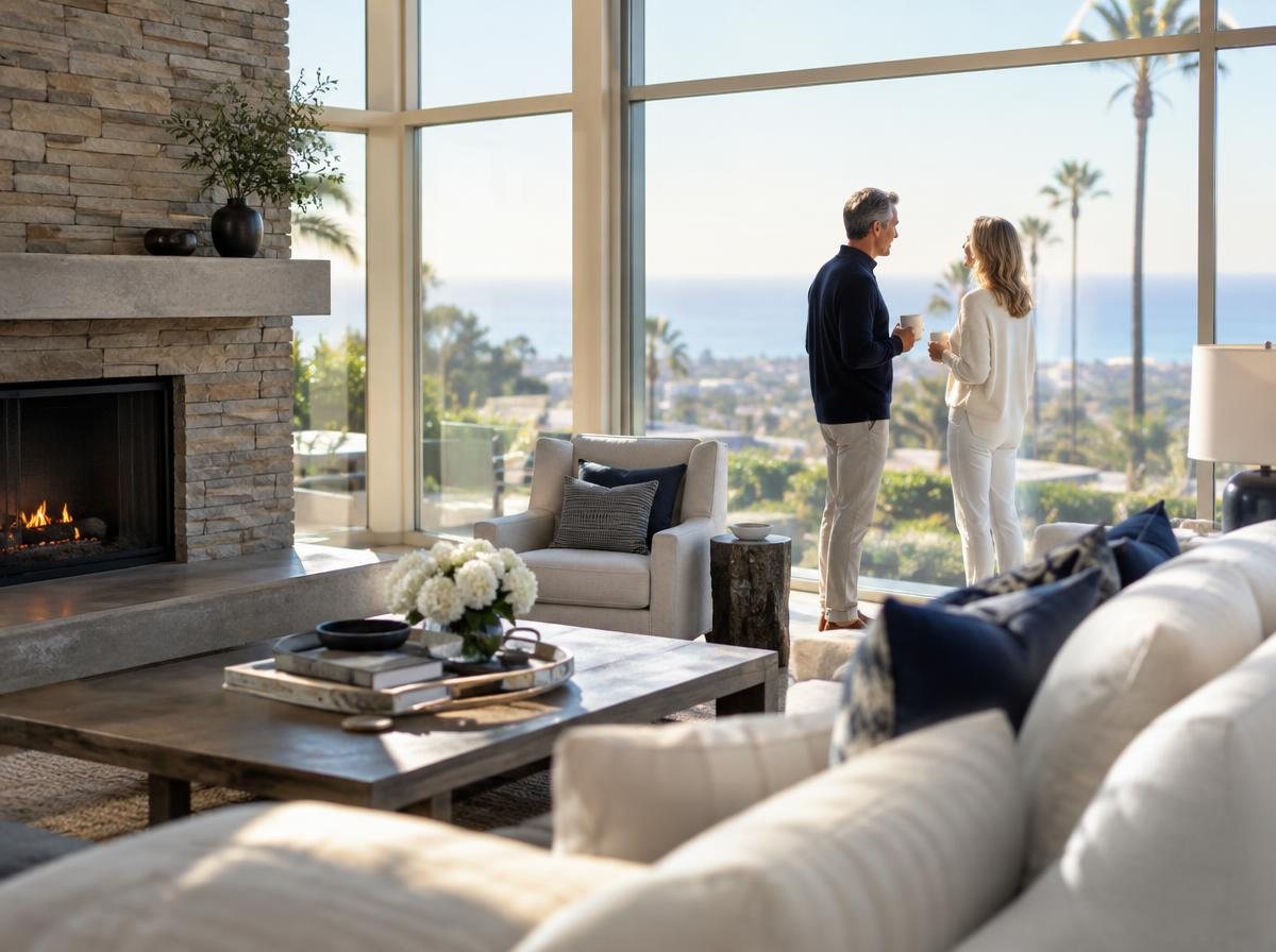 Couple enjoying coffee in the bright living room of a luxury Southern California home