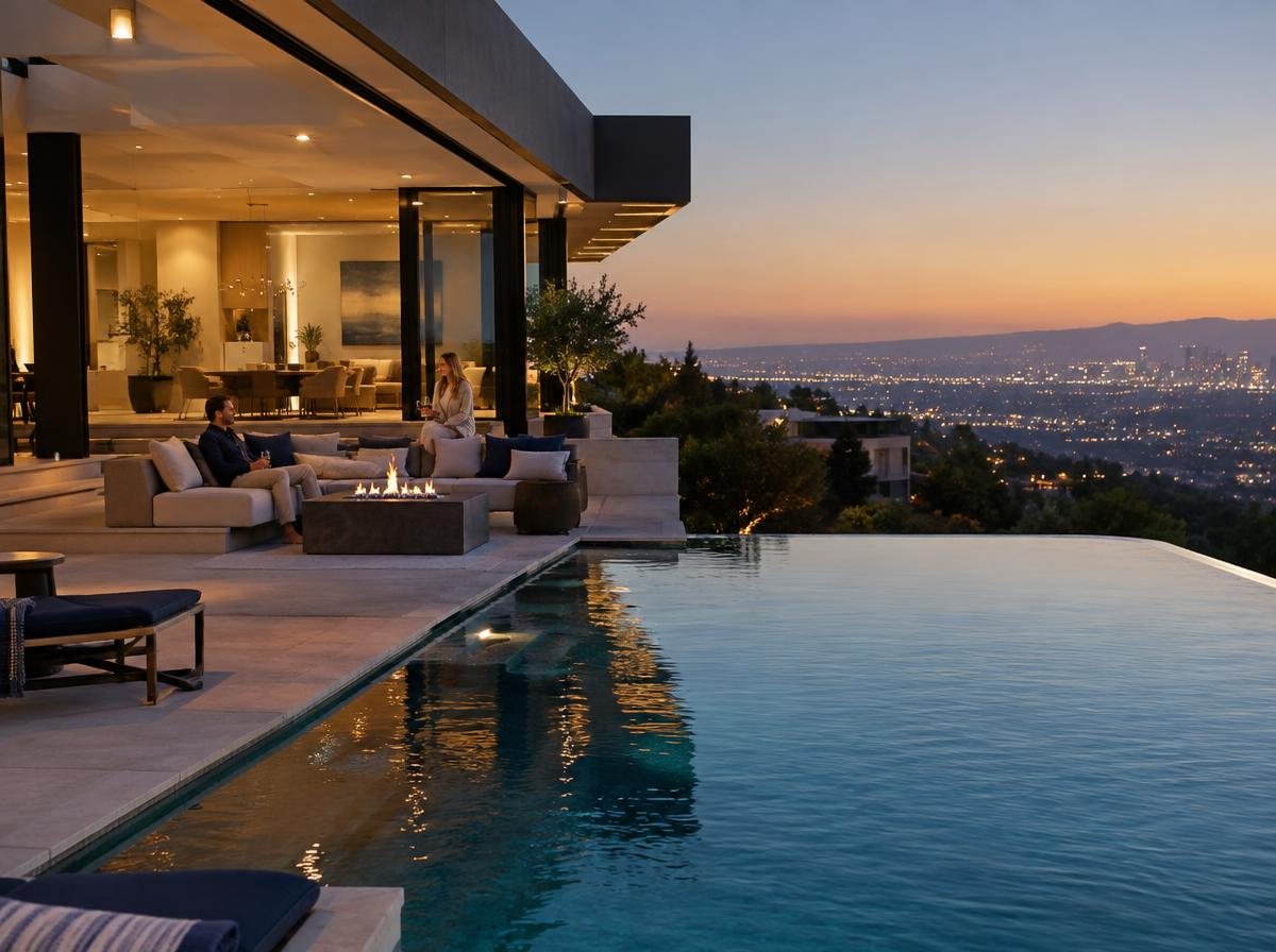 Luxury hillside home with an infinity pool at dusk
