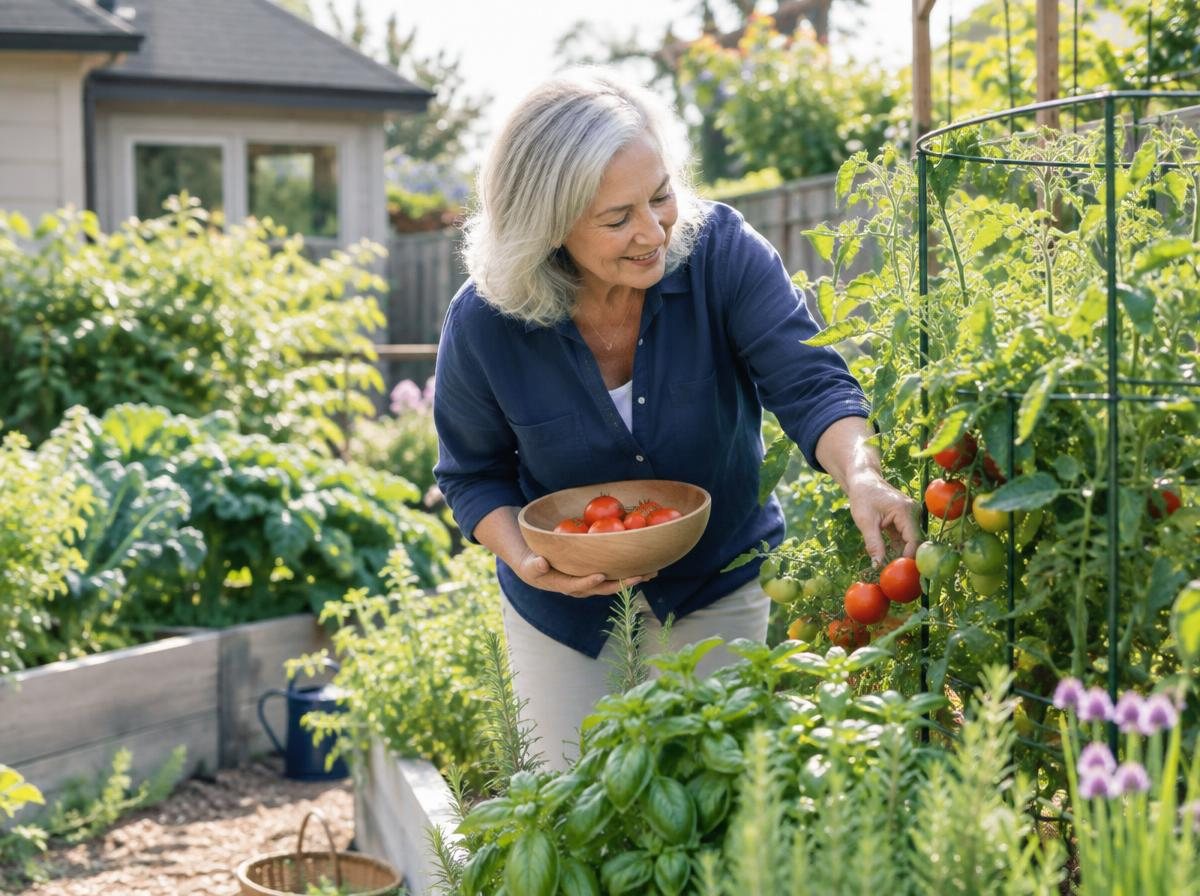 Woman in her sixties picking ripe tomatoes in her thriving backyard garden
