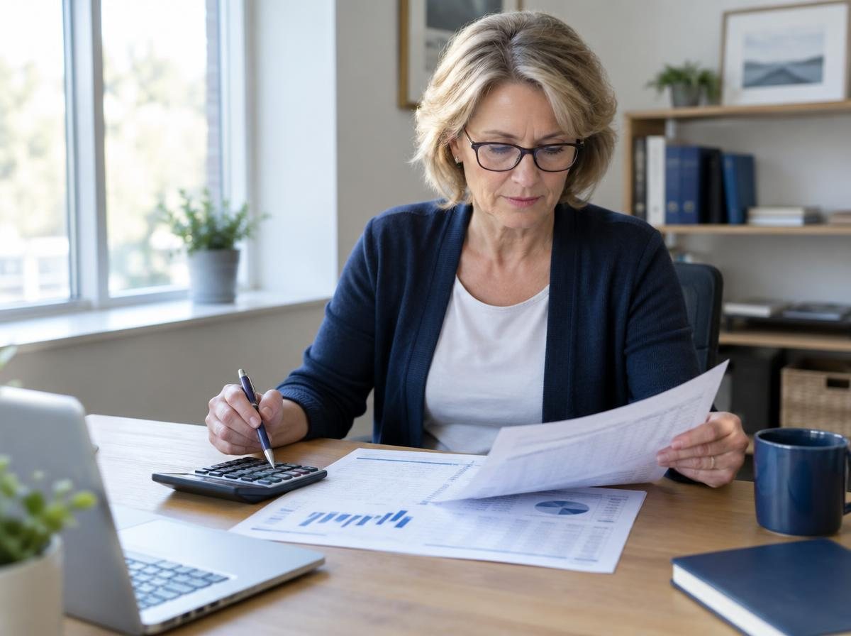 Spectrum Funding Group – Profit and loss statement Self-employed entrepreneur reviewing a printed profit and loss report at her desk