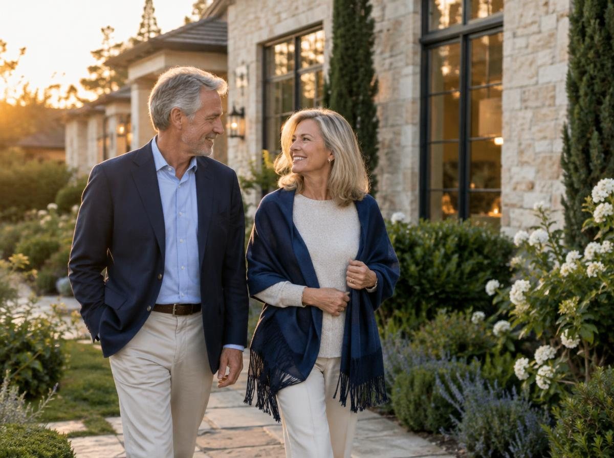 Couple in their sixties walking through the front garden of their high-value California home