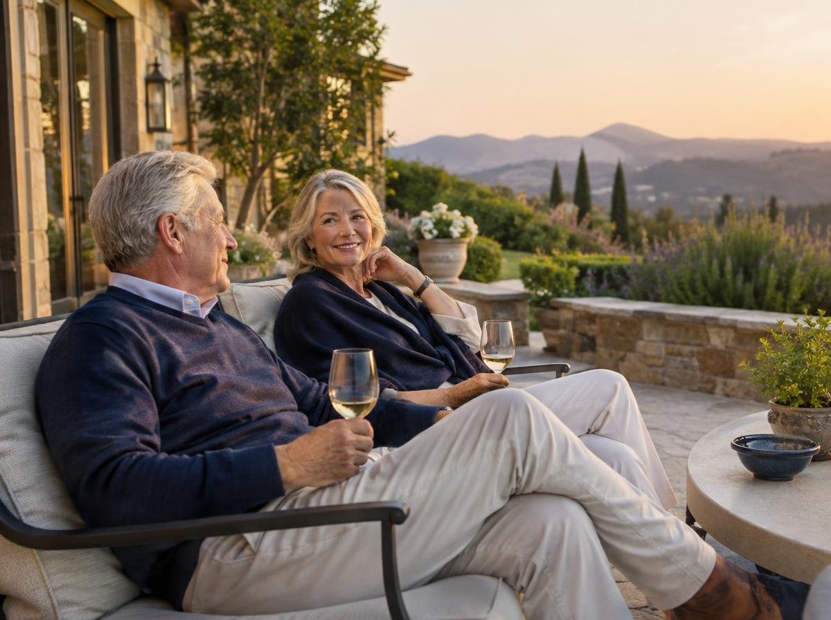 Spectrum Funding Group – High-value home terrace Couple in their late sixties relaxing on the terrace of their elegant California home