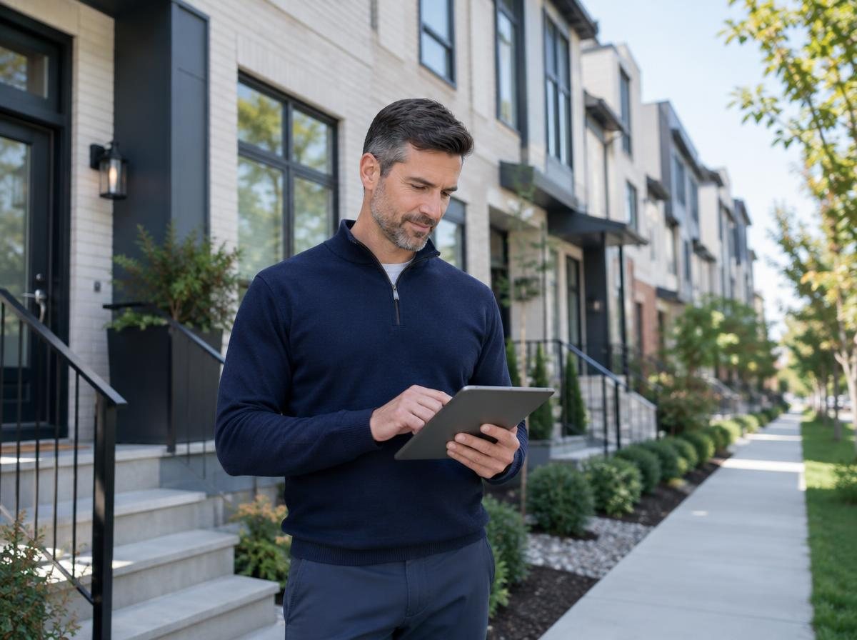 Spectrum Funding Group – Real estate investor Real estate investor reviewing a tablet in front of a row of renovated townhomes
