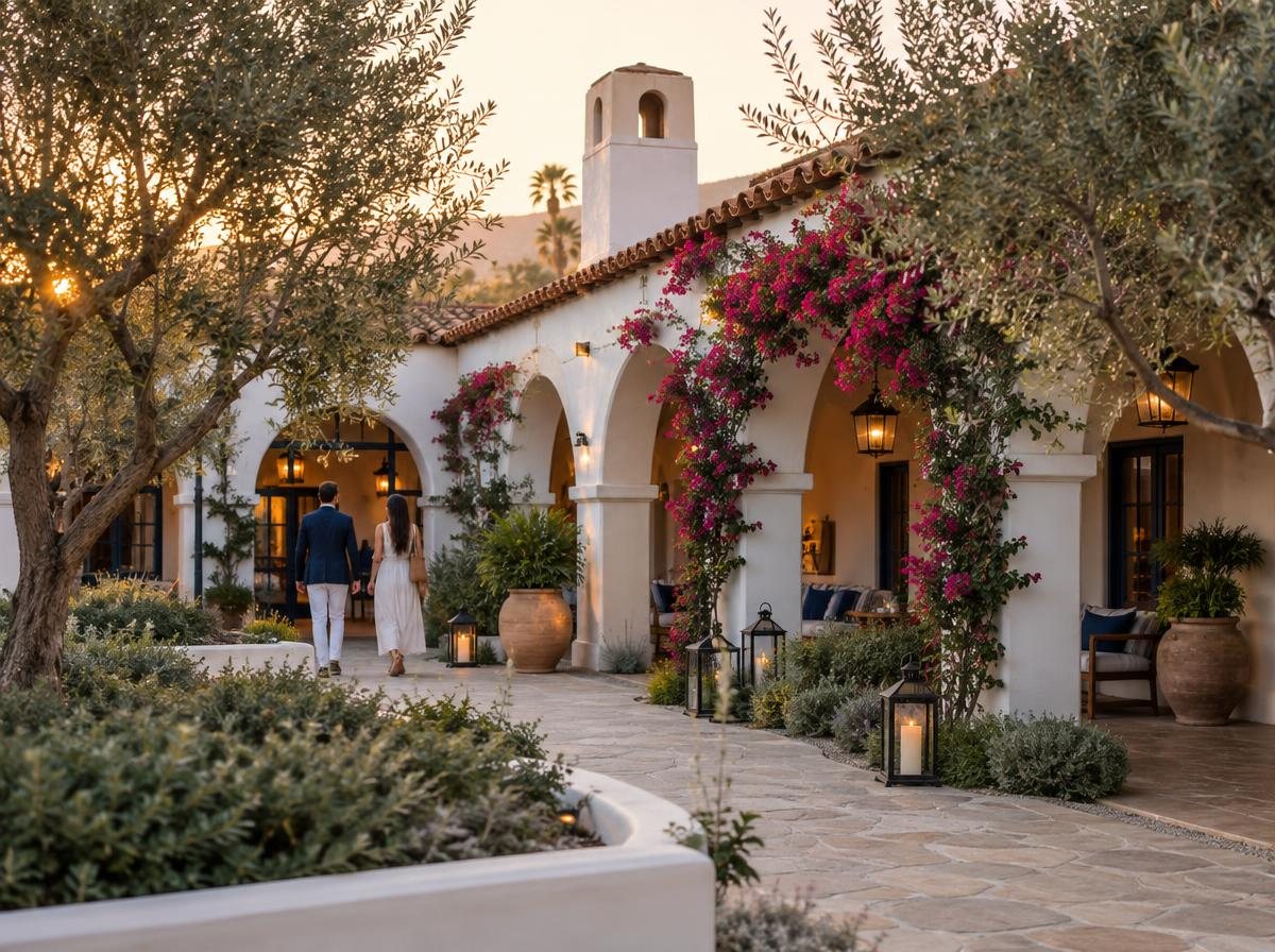 Spanish Colonial boutique hotel with a bougainvillea-covered arched colonnade at golden hour